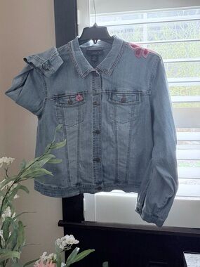 Lane Bryant/Venezia Light Blue Denim Jacket with Pink Floral Embroidery